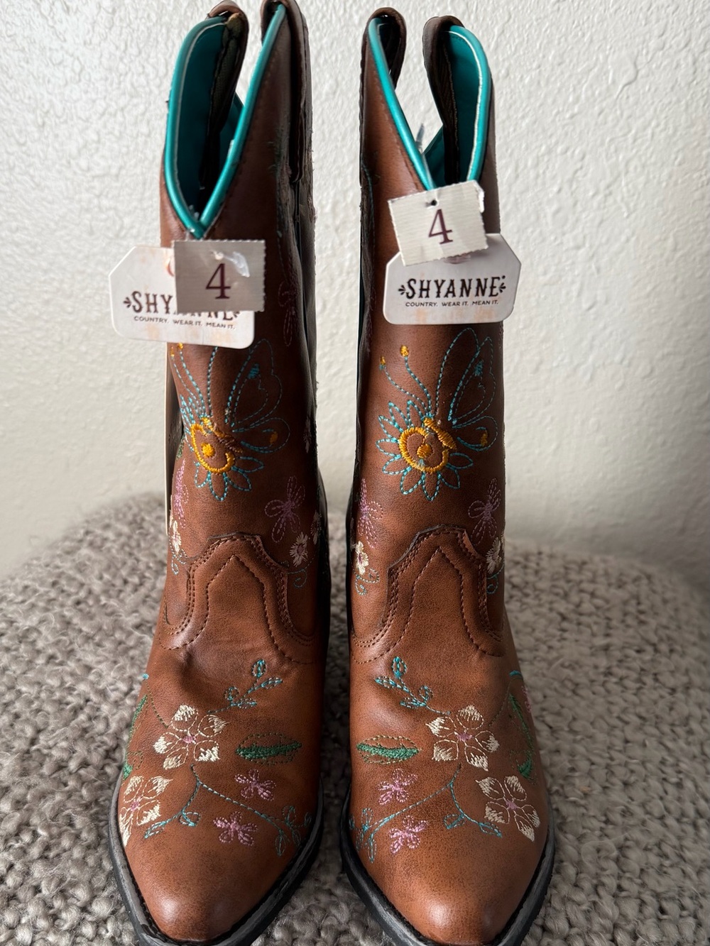 Shyanne Brown Floral Embroidered Cowgirl Boots with Turquoise Lining